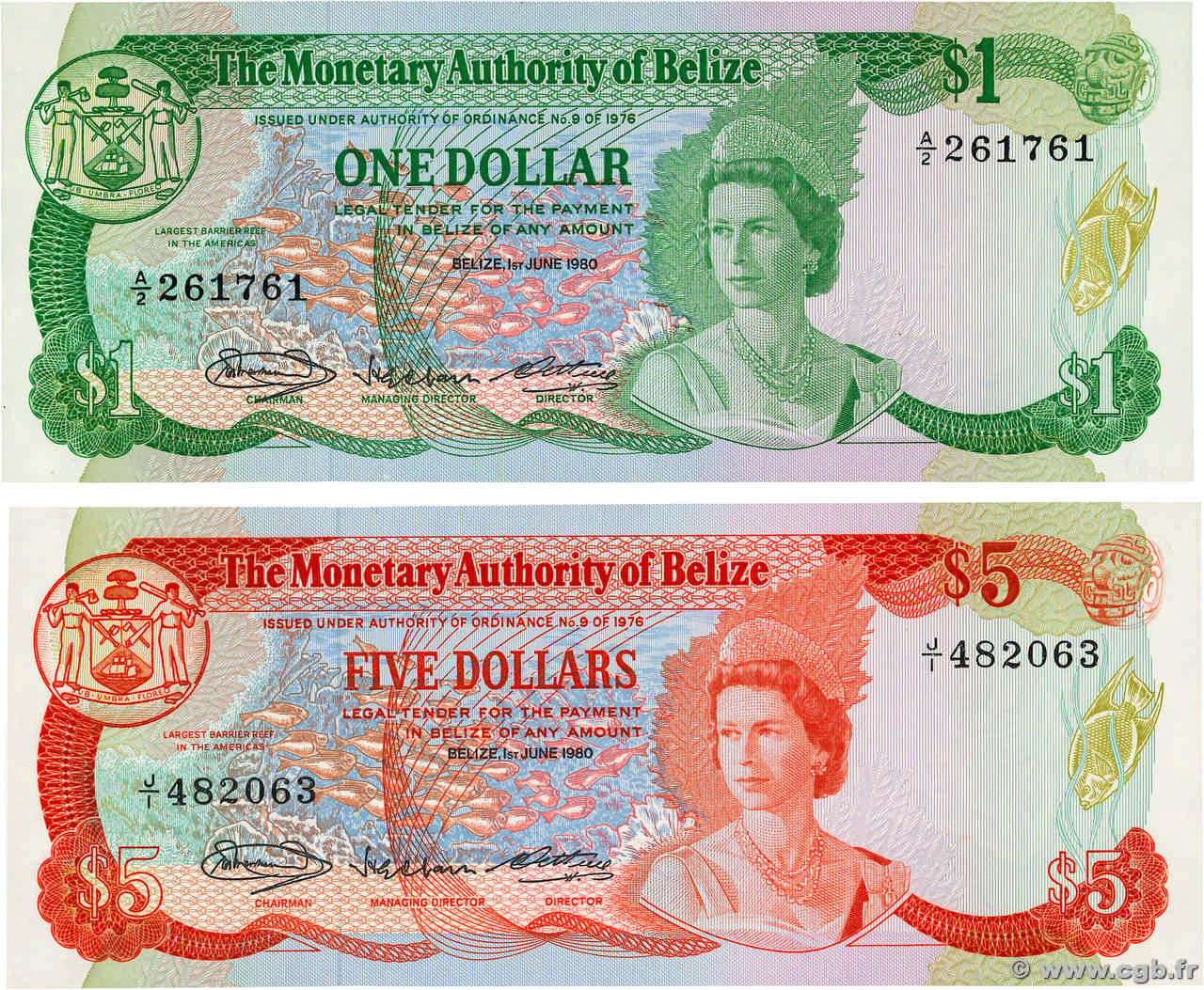 1 et 5 Dollars Lot BELIZE  1980 P.38a et P.39a NEUF