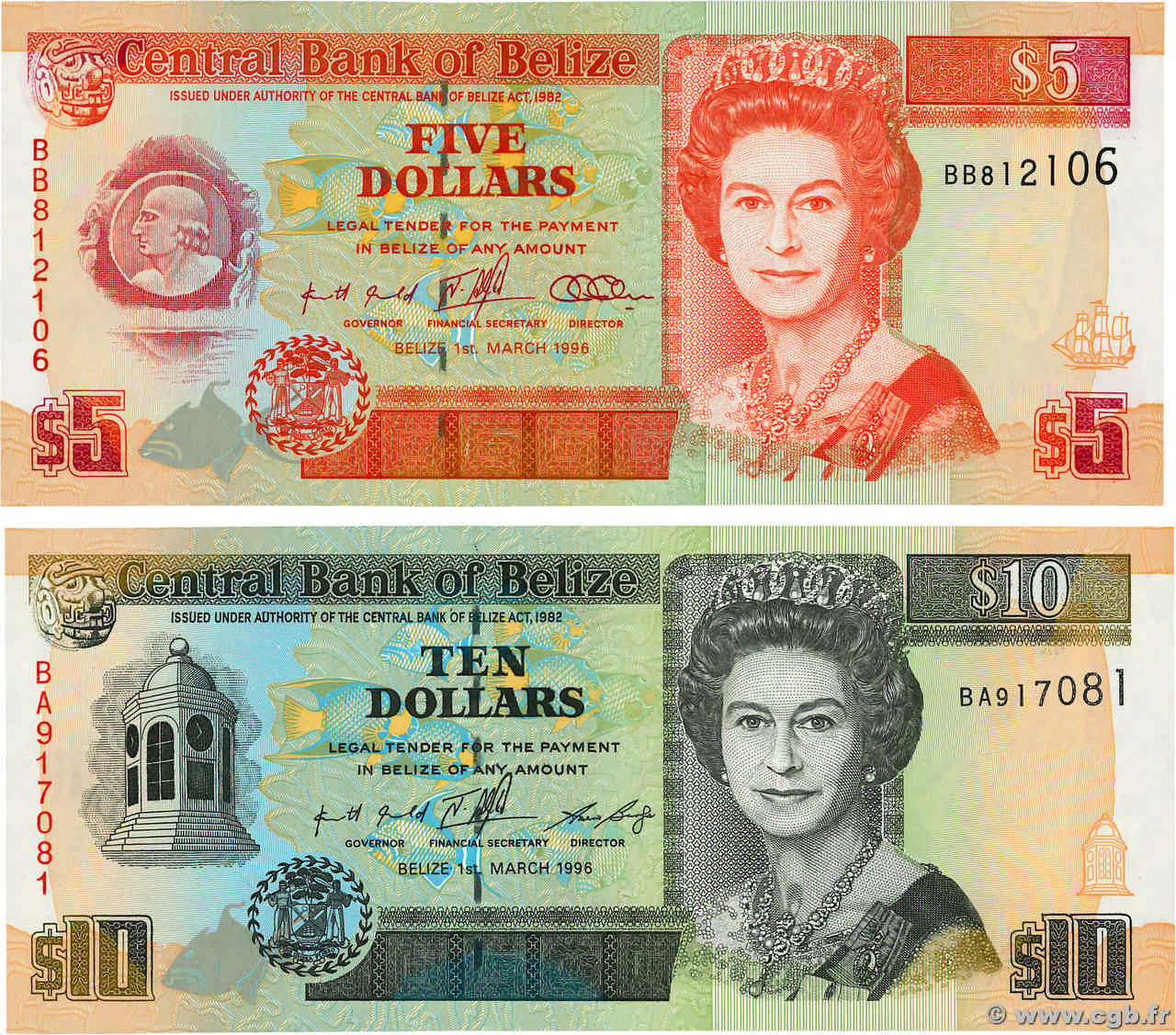 5 et 10 Dollars Lot BELIZE  1996 P.58 et P.59 UNC-