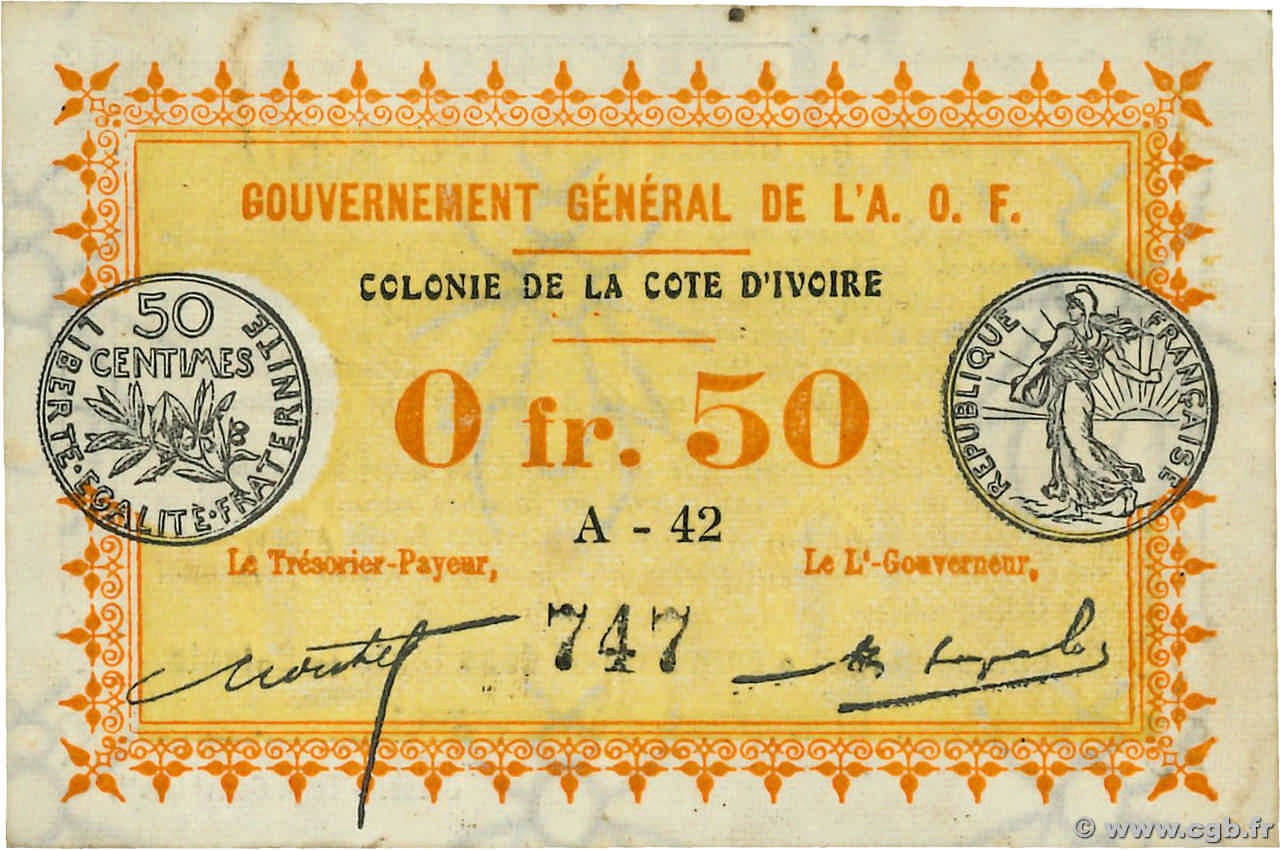 50 Centimes COSTA DE MARFIL  1917 P.01b MBC+
