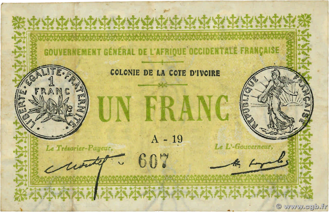 1 Franc COTE D IVOIRE  1917 P.02a TTB