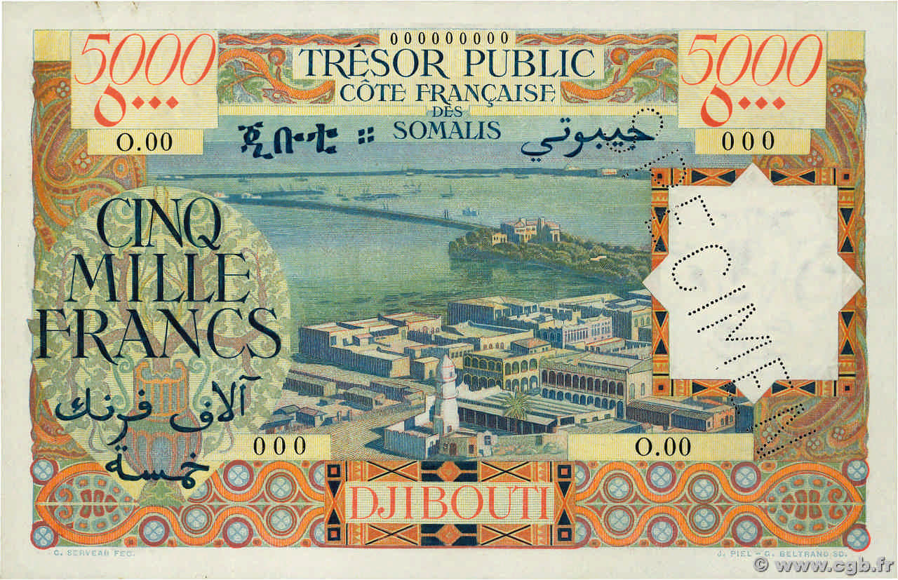 5000 Francs Spécimen DJIBUTI  1952 P.29s AU+