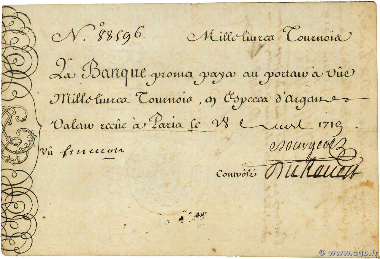 1000 Livres Tournois gravé FRANCE  1719 Dor.12 TTB