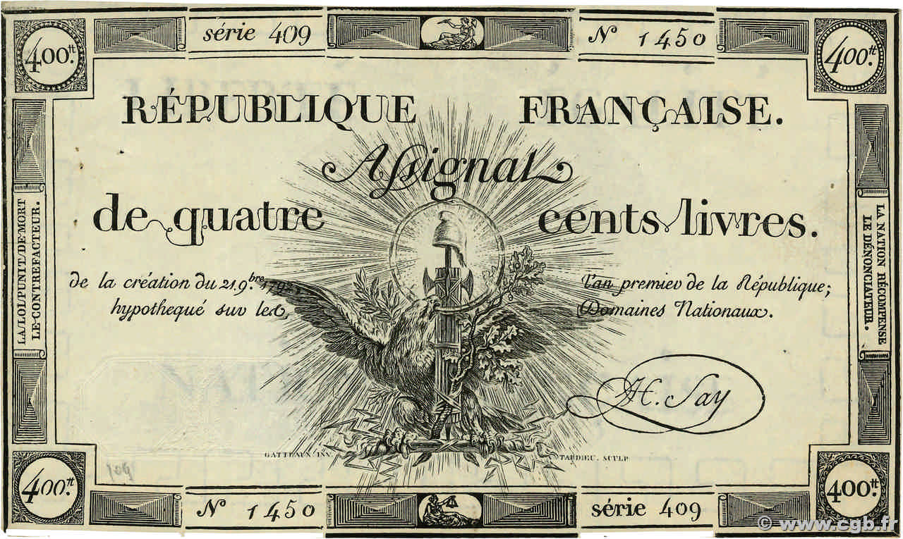 400 Livres FRANCE  1792 Ass.38a pr.SUP