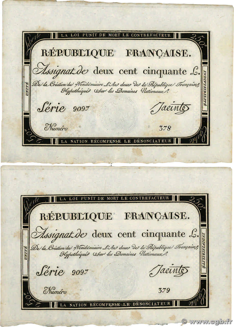 250 Livres Consécutifs FRANCIA  1793 Ass.45a q.FDC