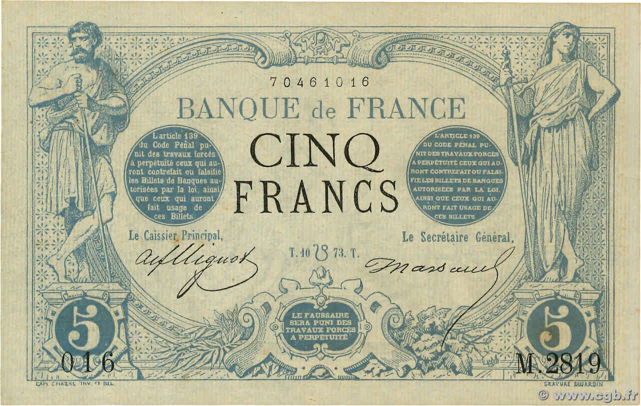 5 Francs NOIR FRANKREICH  1873 F.01.20 fST