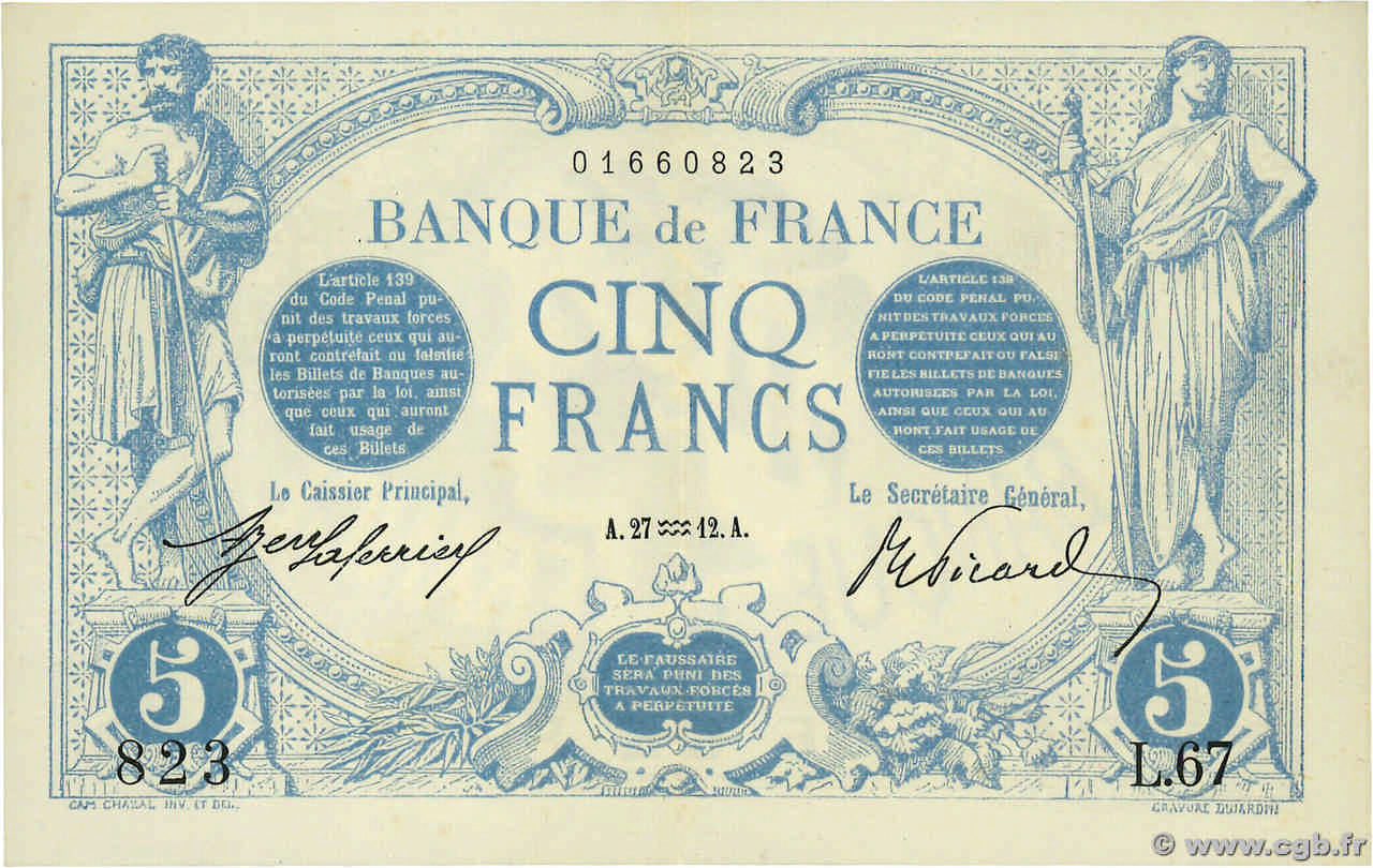 5 Francs BLEU FRANKREICH  1912 F.02.01 fST