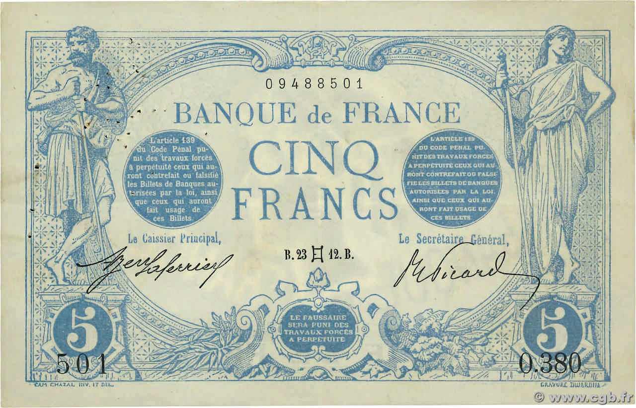 5 Francs BLEU FRANKREICH  1912 F.02.05 SS