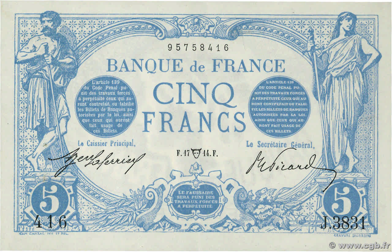 5 Francs BLEU FRANKREICH  1914 F.02.22 VZ+