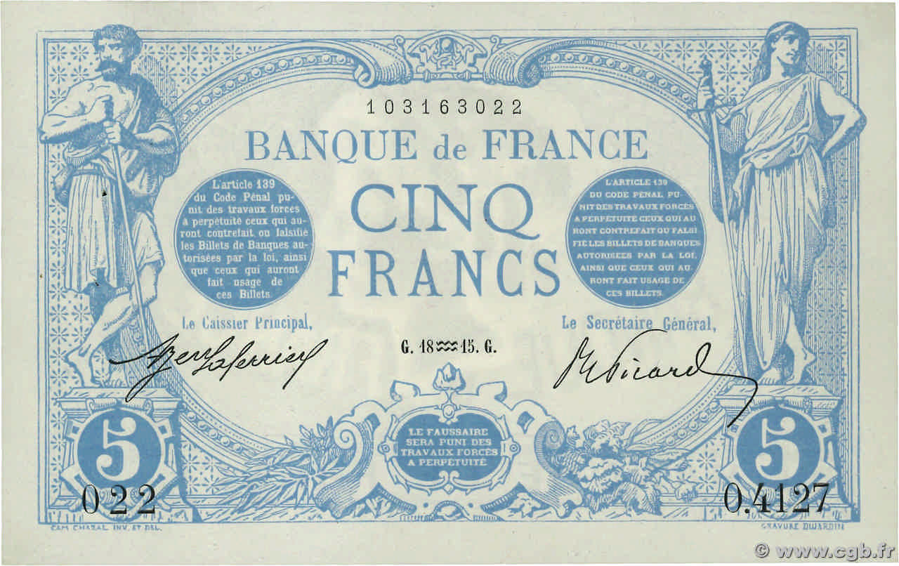 5 Francs BLEU FRANKREICH  1915 F.02.23 VZ+