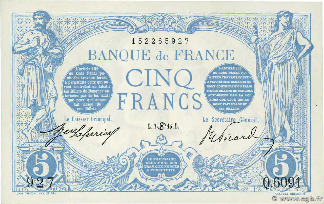 5 Francs BLEU FRANKREICH  1915 F.02.28 fST