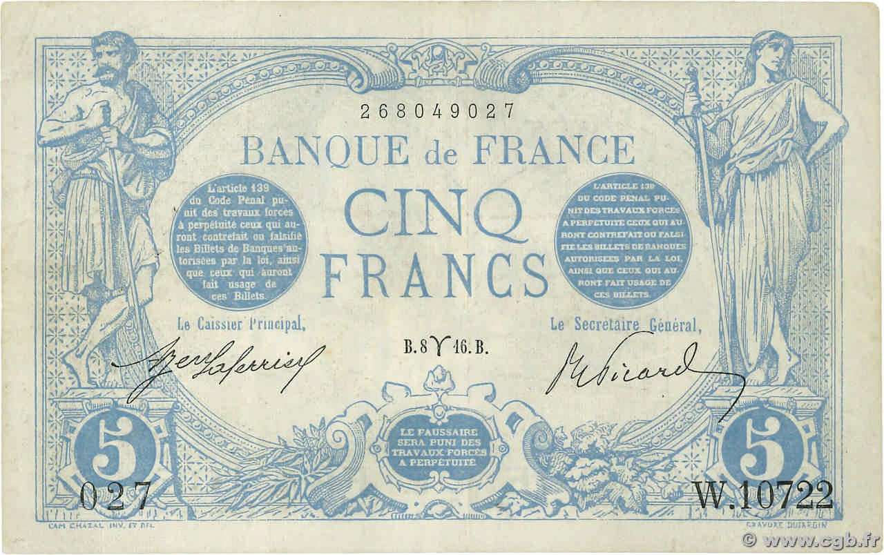 5 Francs BLEU FRANKREICH  1916 F.02.37 fVZ