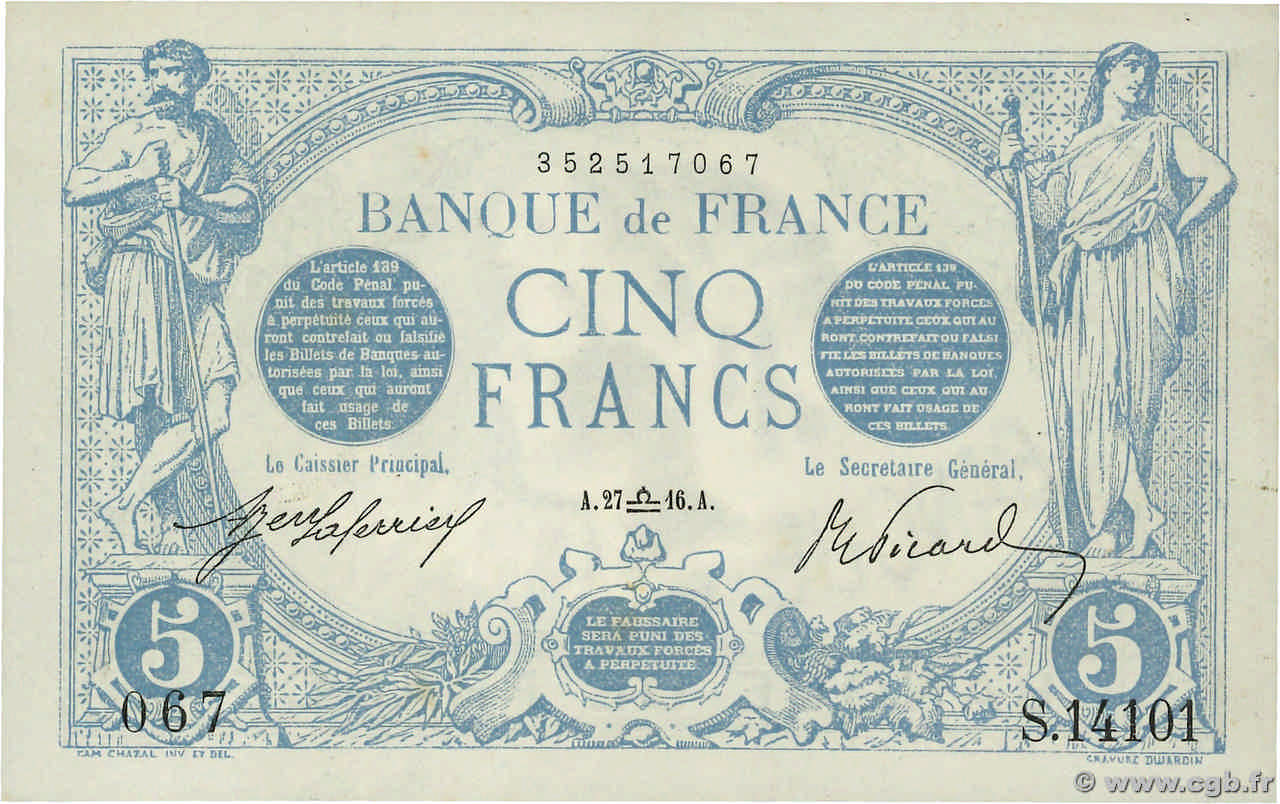 5 Francs BLEU FRANCIA  1916 F.02.43 SC