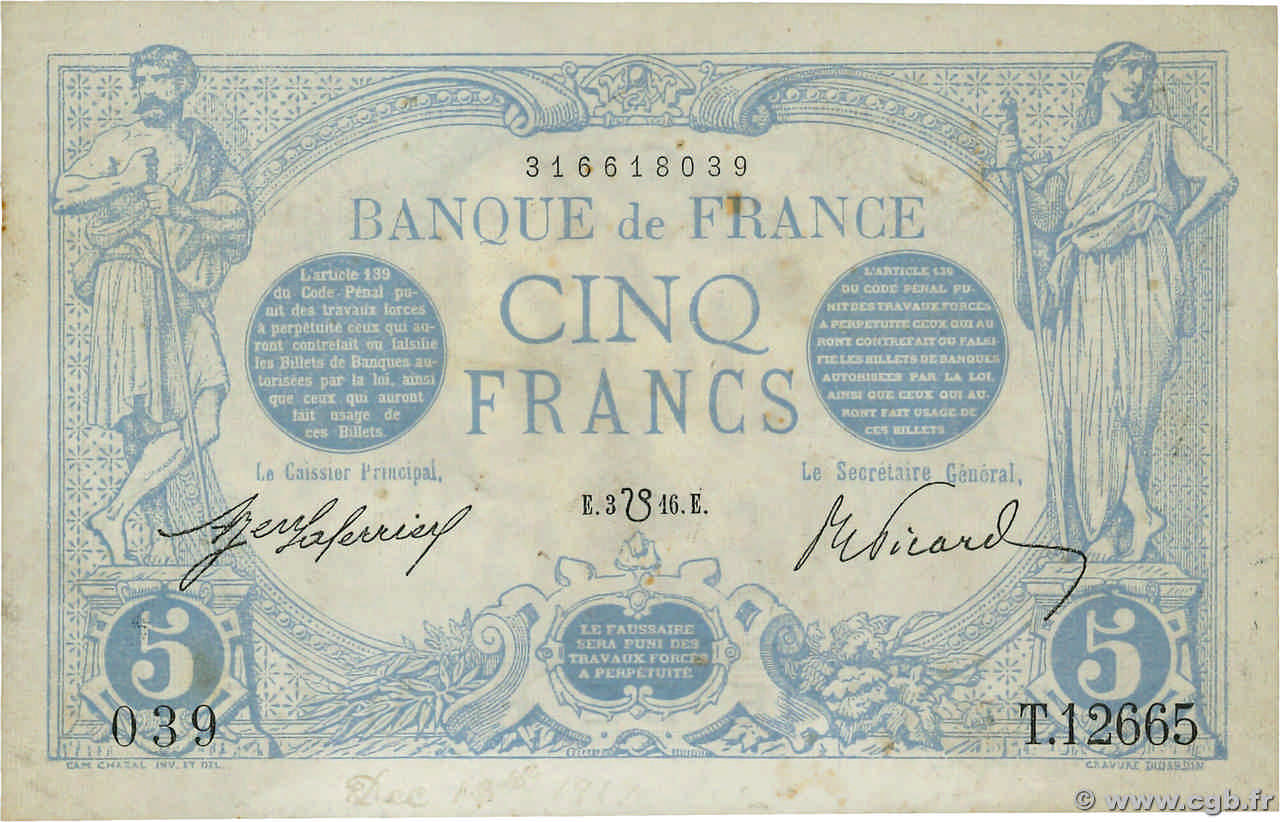 5 Francs BLEU lion inversé FRANCE  1916 F.02bis.04 VF