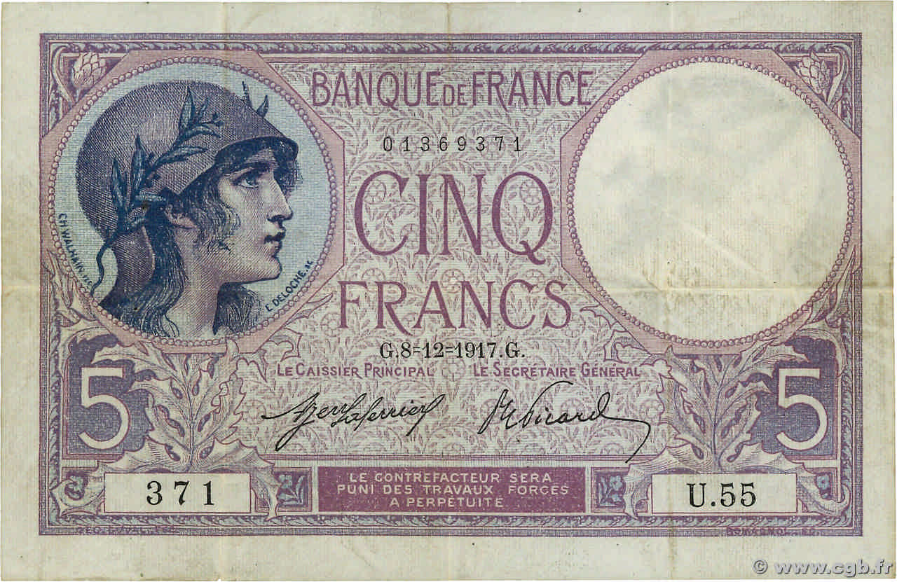 5 Francs FEMME CASQUÉE FRANCIA  1917 F.03.01 q.BB