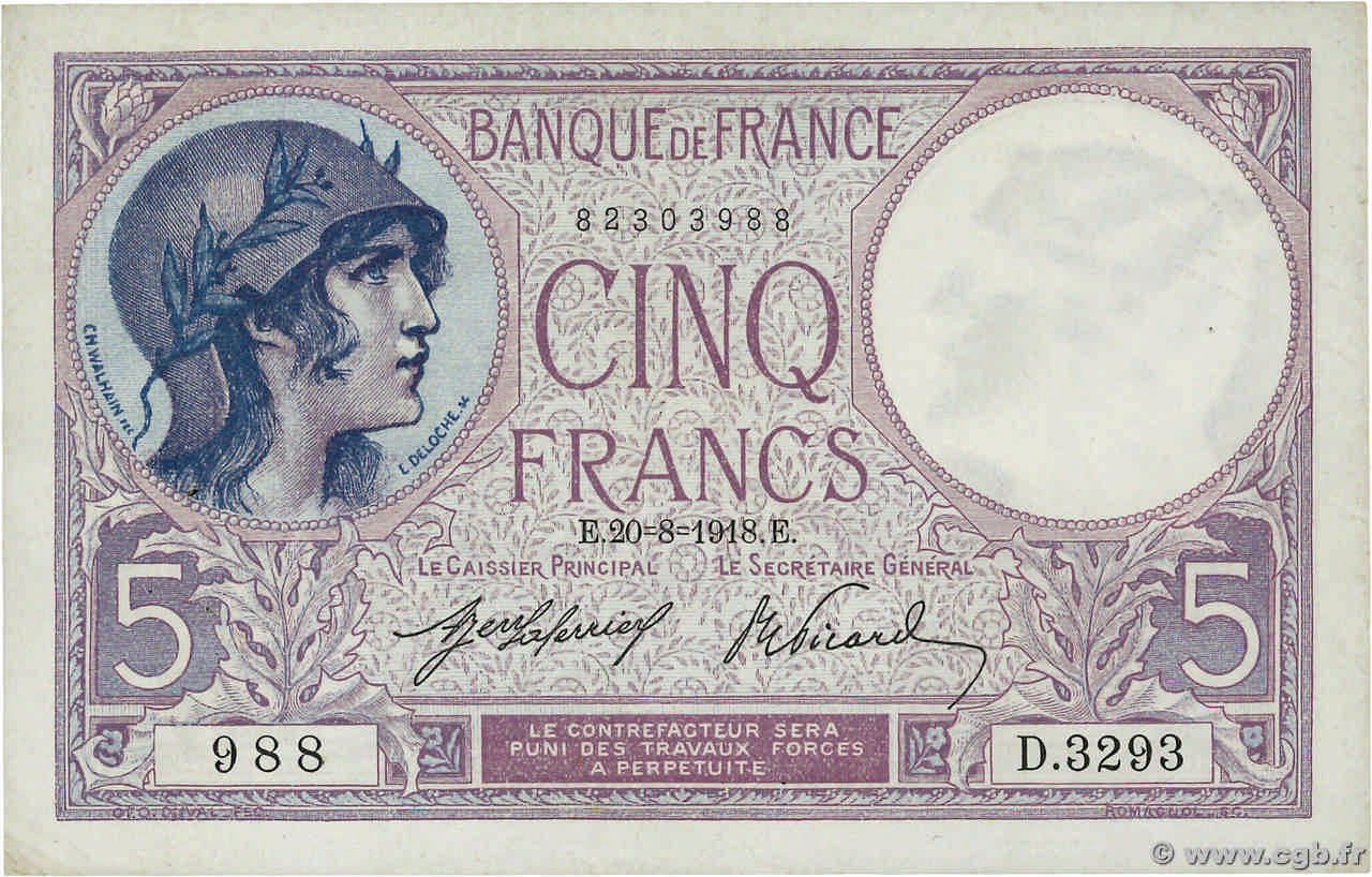 5 Francs FEMME CASQUÉE FRANCE  1918 F.03.02 XF-