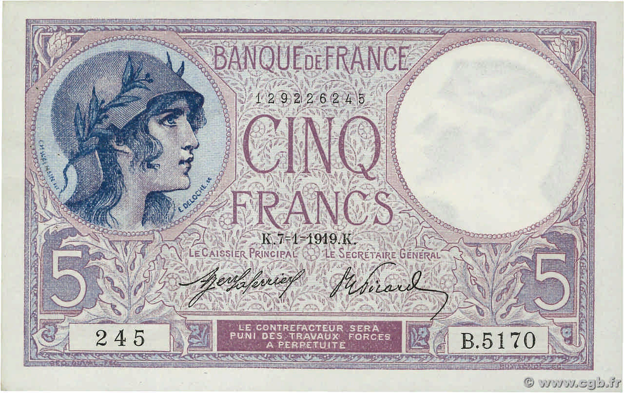 5 Francs FEMME CASQUÉE FRANKREICH  1919 F.03.03 VZ+