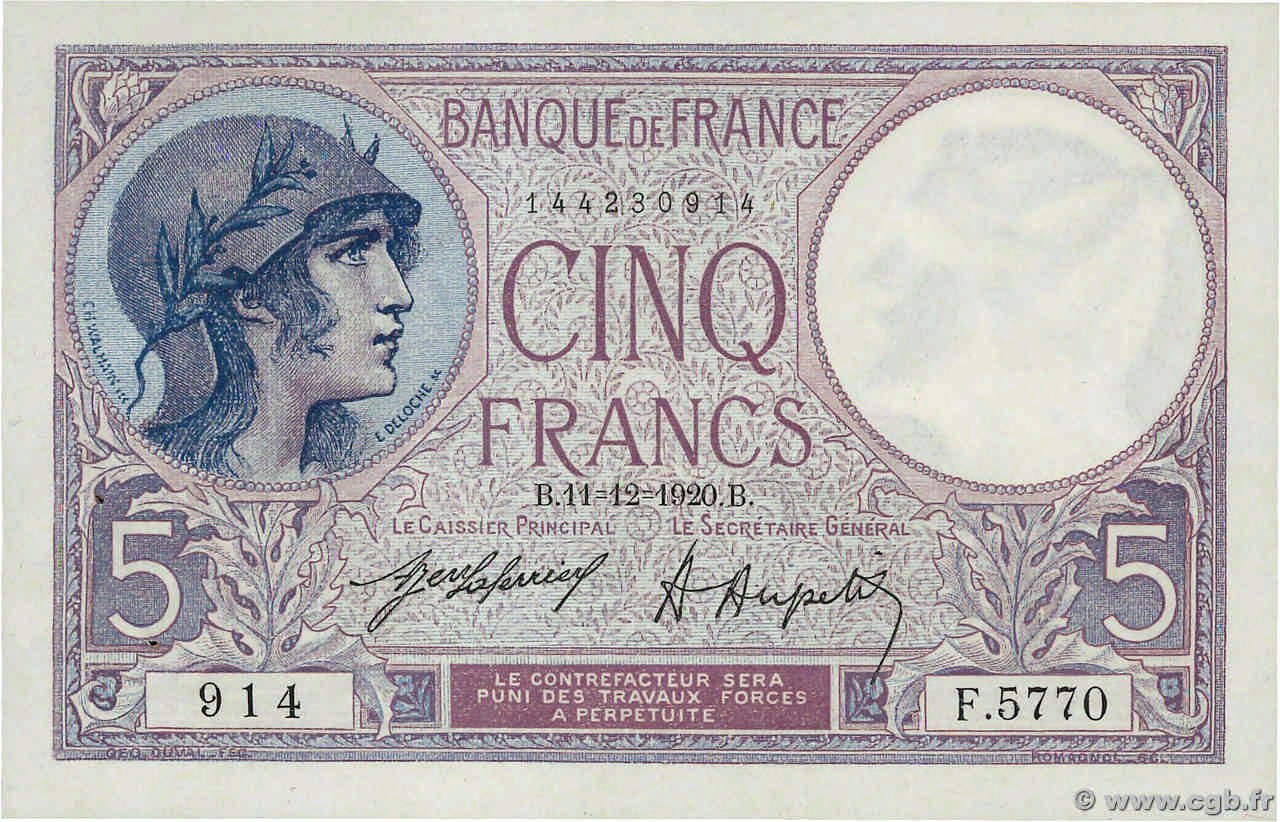 5 Francs FEMME CASQUÉE FRANCIA  1920 F.03.04 AU