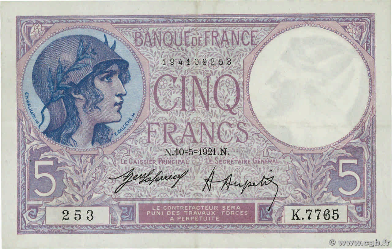 5 Francs FEMME CASQUÉE FRANCE  1921 F.03.05 XF