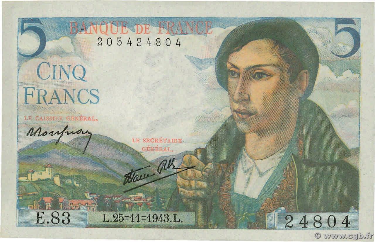 5 Francs BERGER FRANCIA  1943 F.05.04 FDC