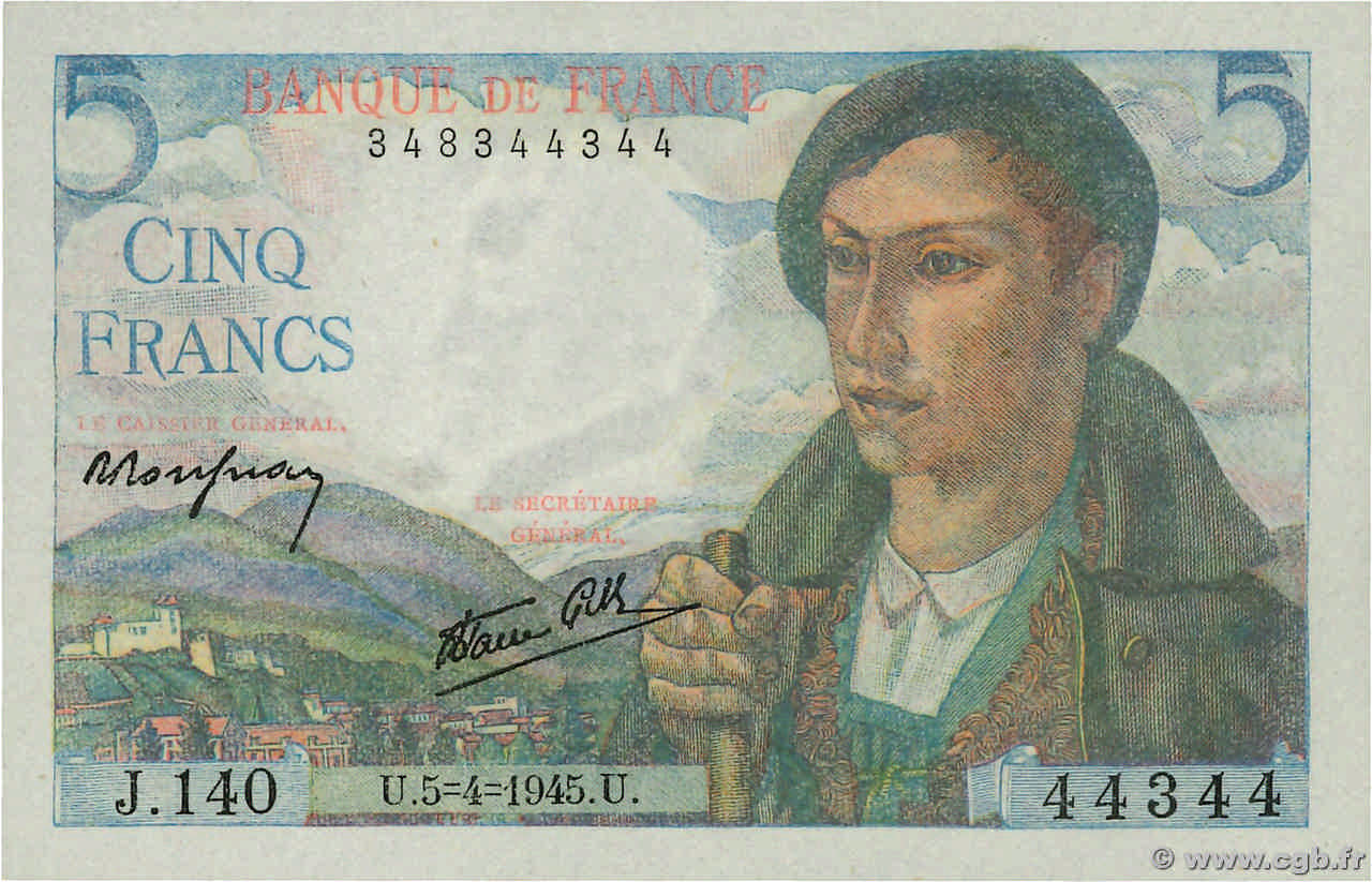 5 Francs BERGER Numéro radar FRANCE  1945 F.05.06 UNC-