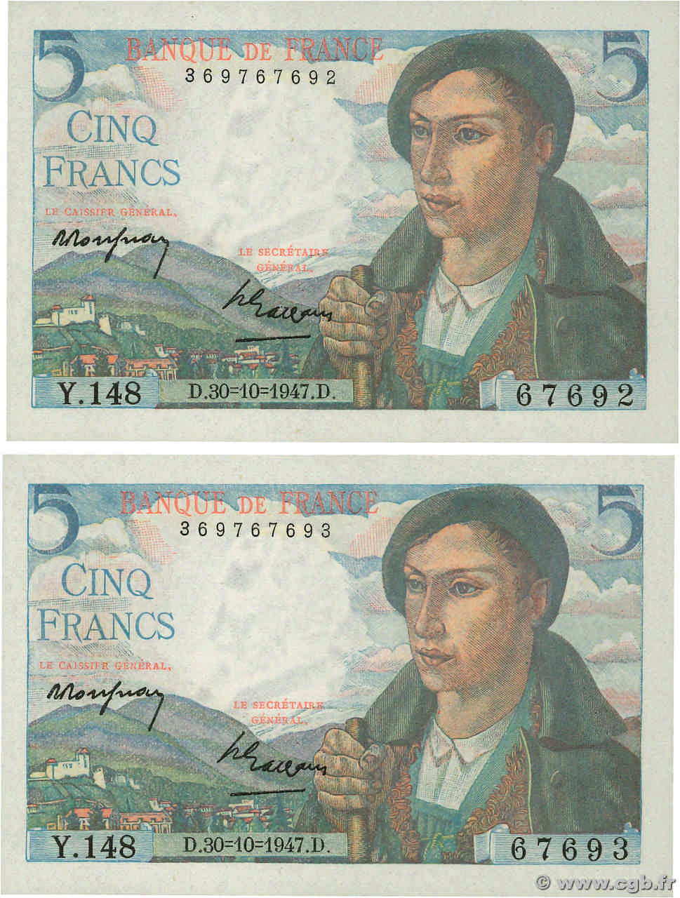 5 Francs BERGER Consécutifs FRANCE  1947 F.05.07 UNC