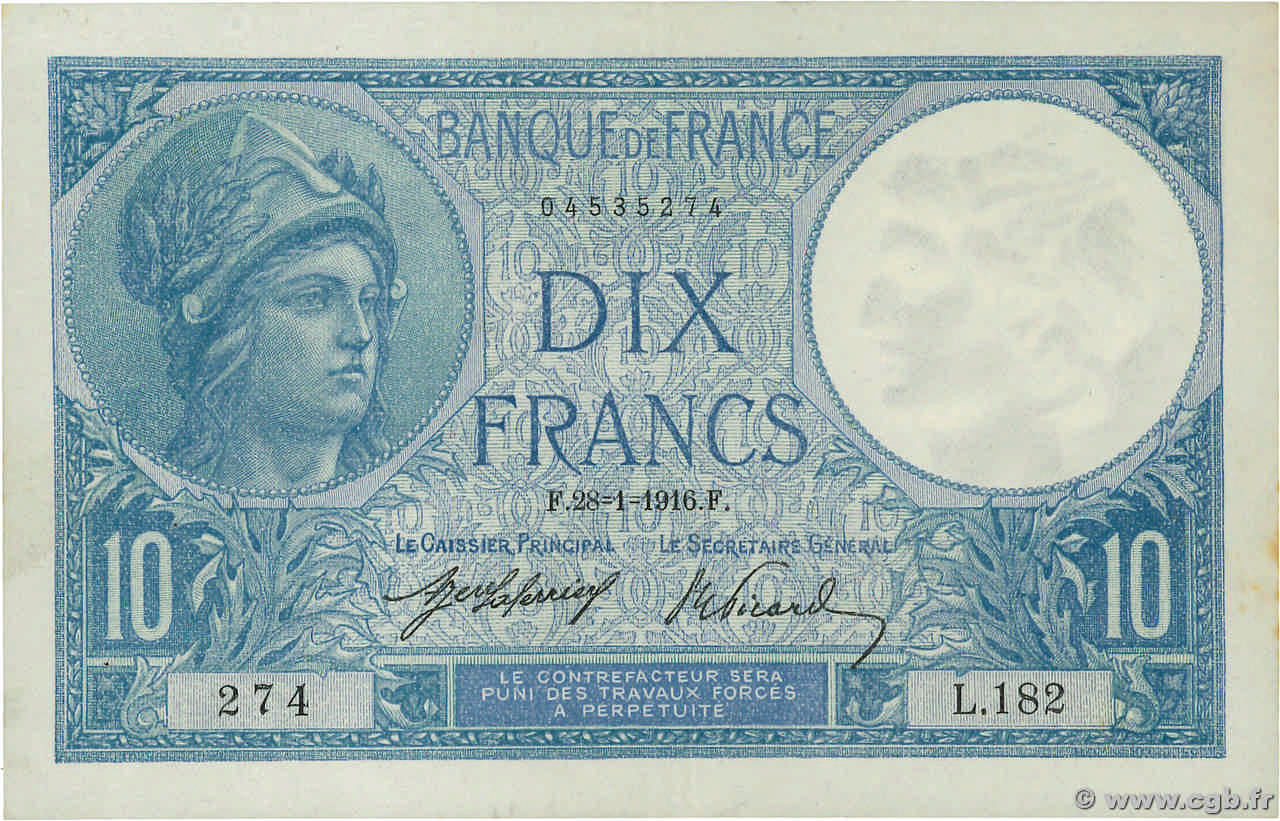 10 Francs MINERVE FRANKREICH  1916 F.06.01 VZ