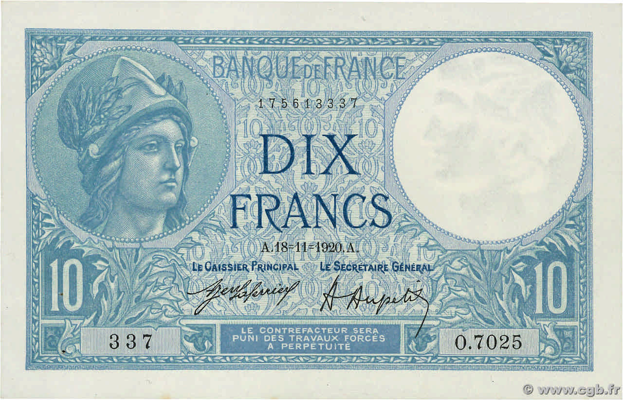 10 Francs MINERVE FRANKREICH  1920 F.06.04 fST