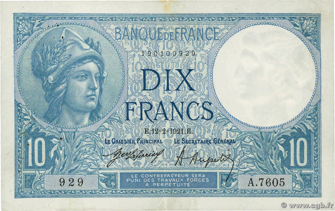 10 Francs MINERVE FRANCE  1921 F.06.05 VF