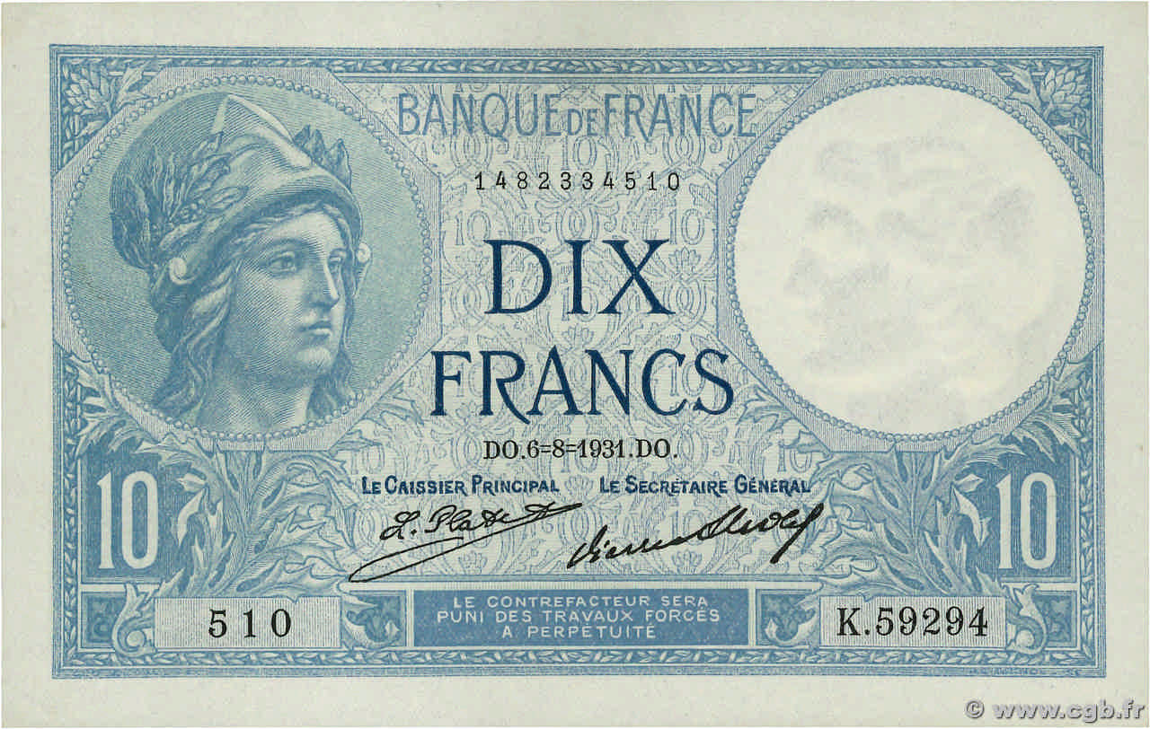 10 Francs MINERVE FRANCE  1931 F.06.15 SPL