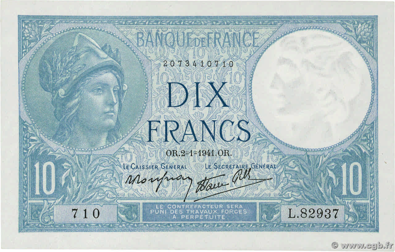 10 Francs MINERVE modifié FRANKREICH  1941 F.07.26 fST+