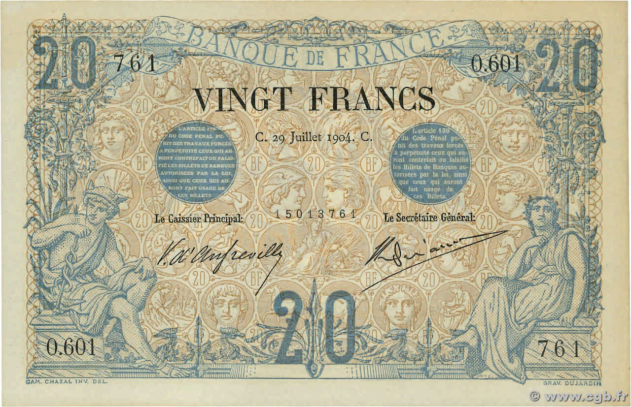 20 Francs NOIR FRANCE  1904 F.09.03 AU