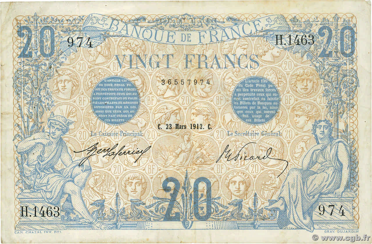 20 Francs BLEU FRANCE  1912 F.10.02 VF