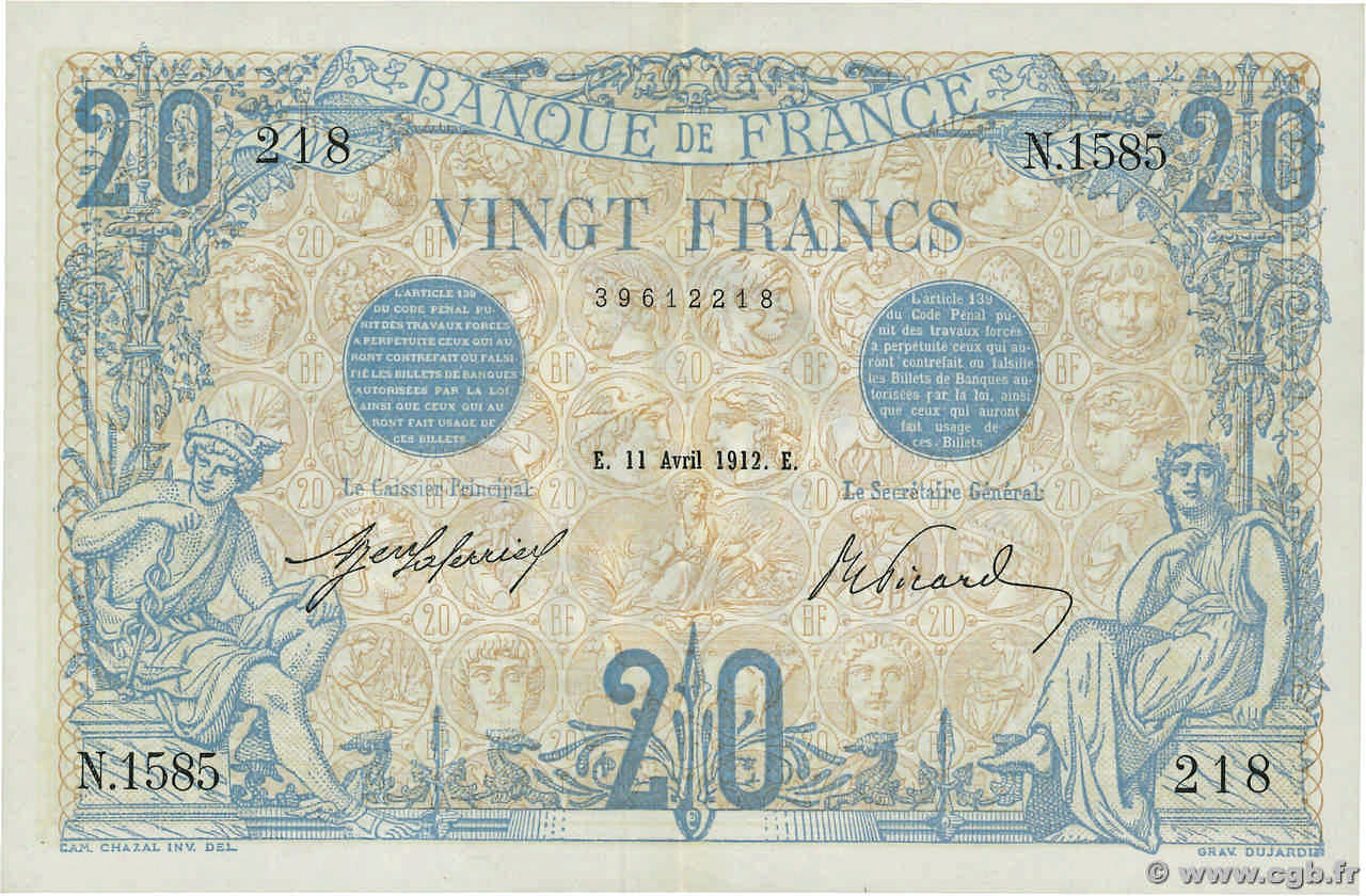 20 Francs BLEU FRANKREICH  1912 F.10.02 SS