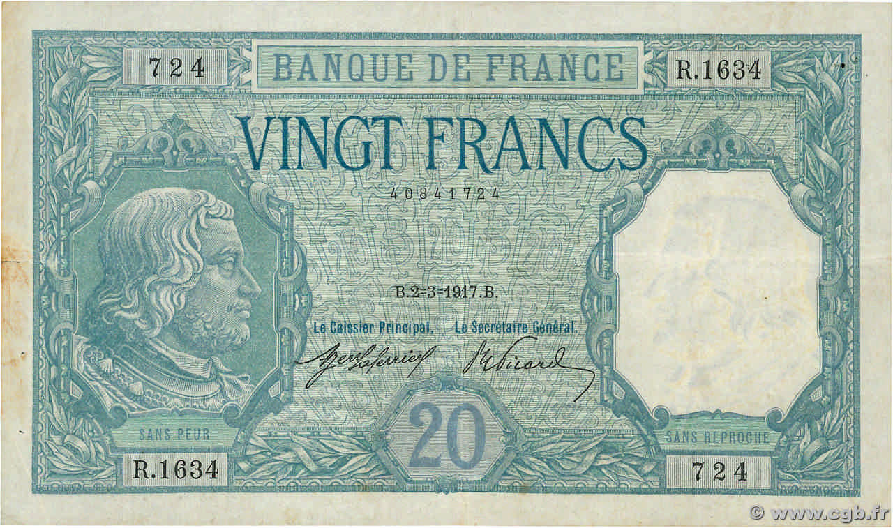 20 Francs BAYARD FRANCE  1917 F.11.02 F+