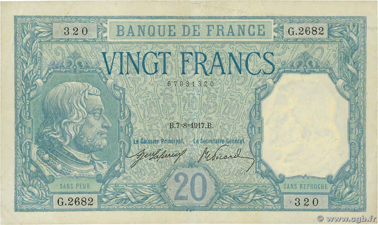 20 Francs BAYARD FRANCE  1917 F.11.02 VF+