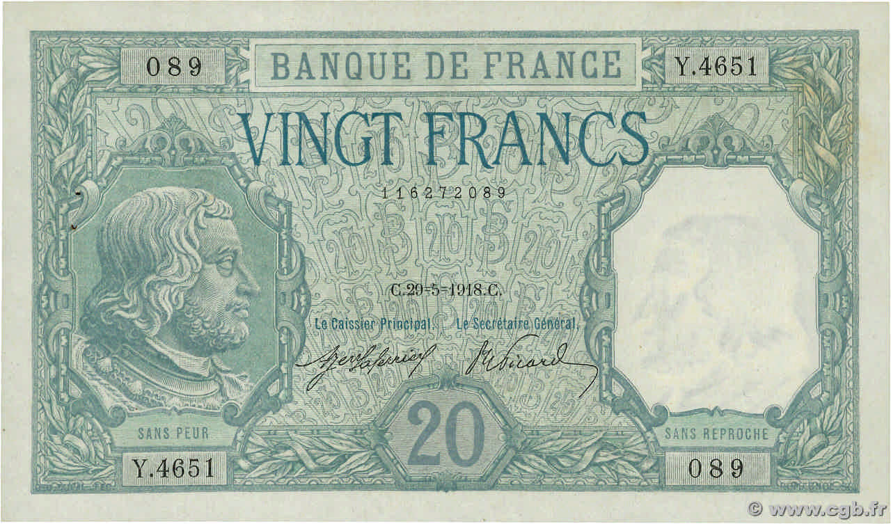 20 Francs BAYARD FRANCE  1918 F.11.03 XF+