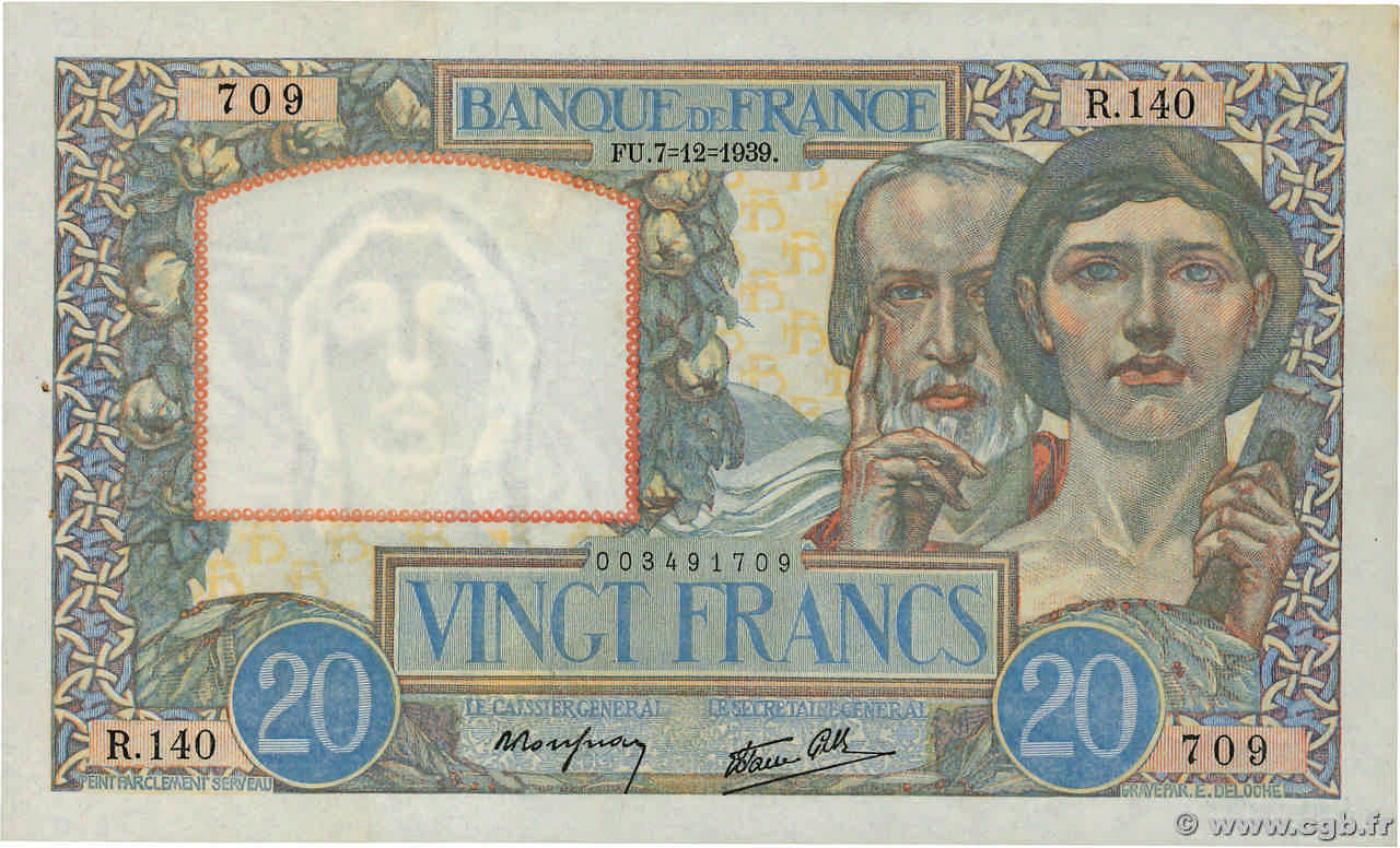 20 Francs TRAVAIL ET SCIENCE FRANKREICH  1939 F.12.01 VZ+