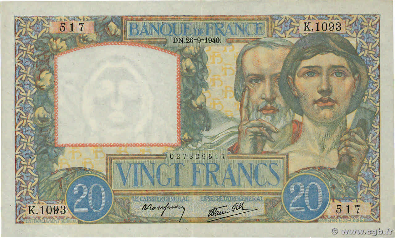 20 Francs TRAVAIL ET SCIENCE FRANCE  1940 F.12.07 XF