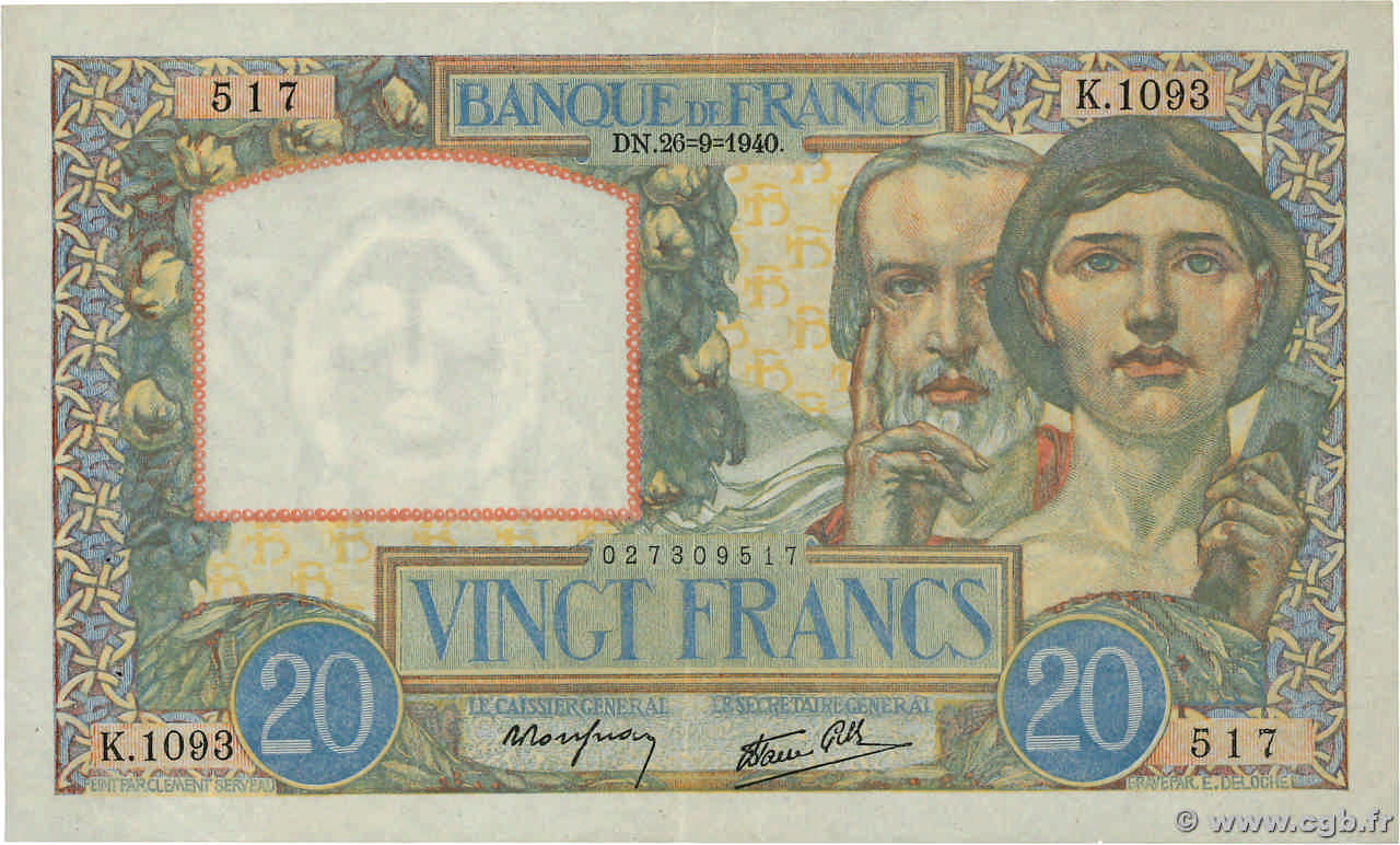 20 Francs TRAVAIL ET SCIENCE FRANCE  1940 F.12.07 SUP