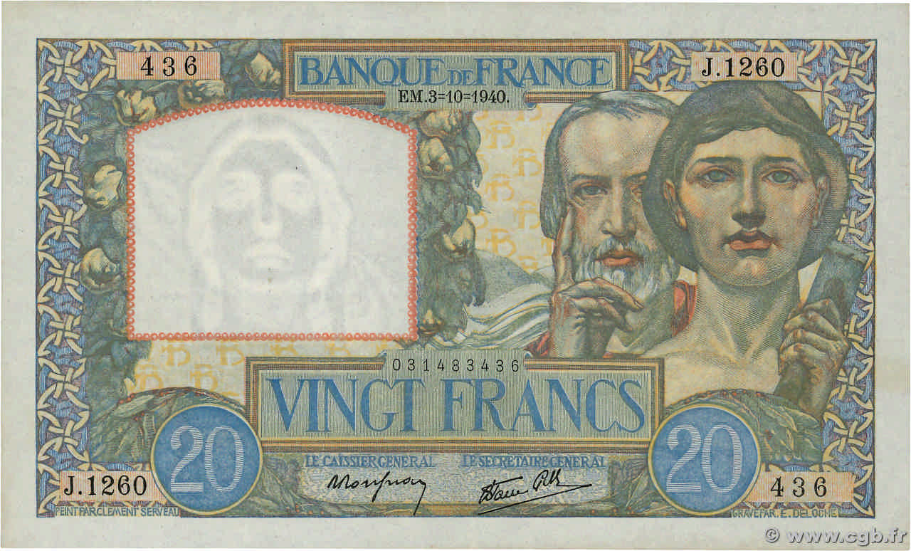 20 Francs TRAVAIL ET SCIENCE FRANCE  1940 F.12.08 SUP+