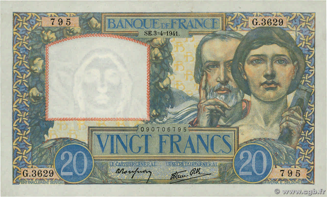 20 Francs TRAVAIL ET SCIENCE FRANKREICH  1941 F.12.13 fST+