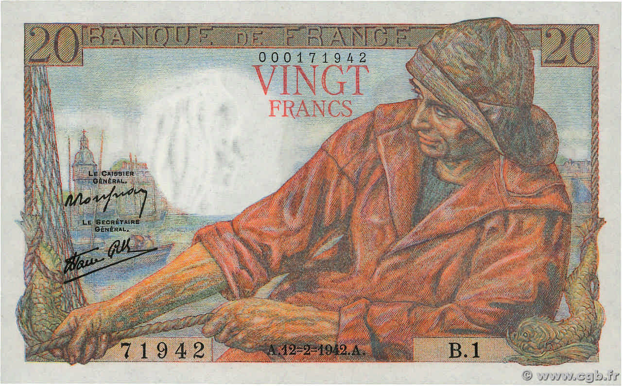 20 Francs PÊCHEUR FRANCE  1942 F.13.01 UNC