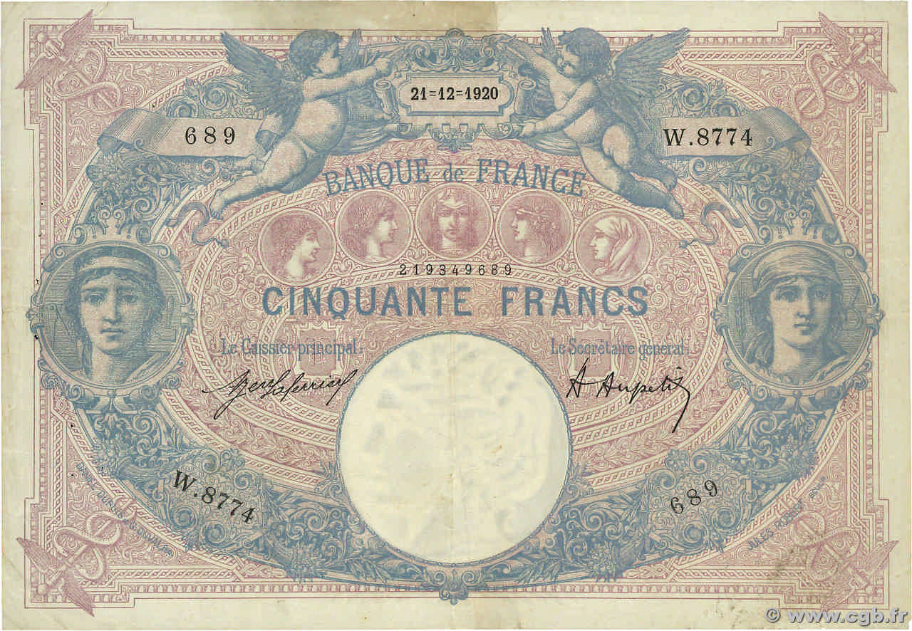 50 Francs BLEU ET ROSE FRANKREICH  1920 F.14.33 S