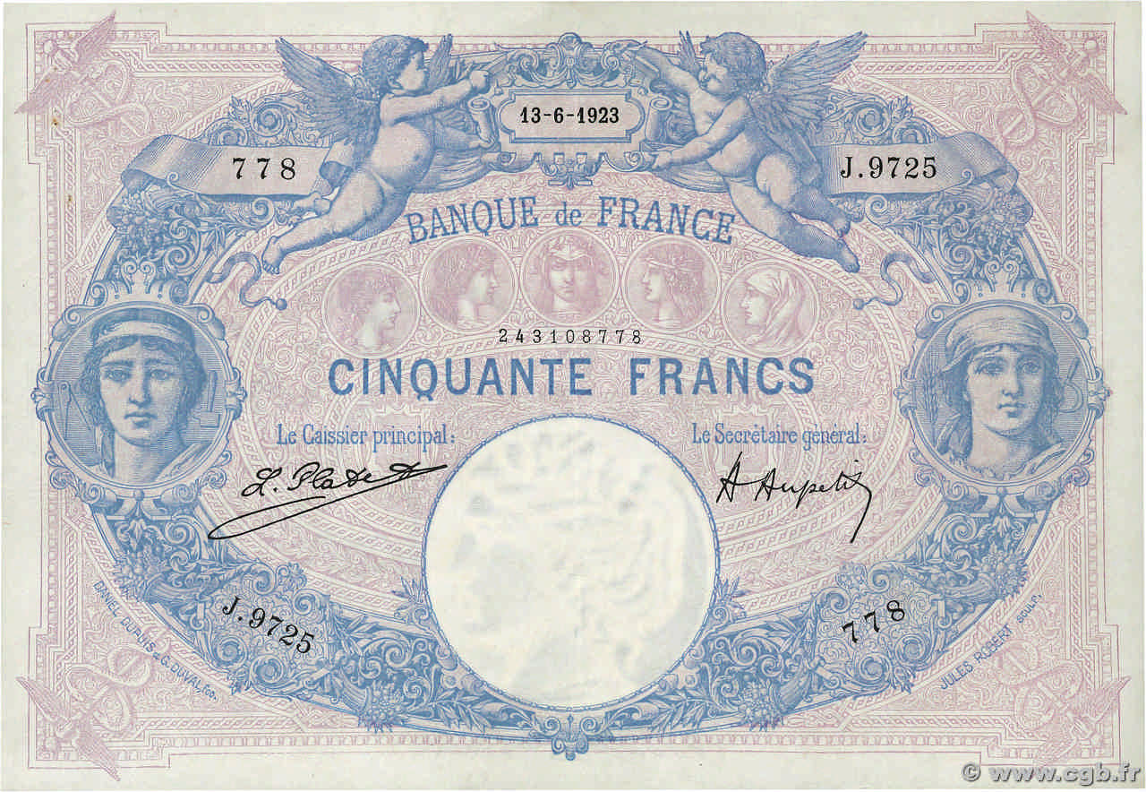 50 Francs BLEU ET ROSE FRANKREICH  1923 F.14.36 VZ
