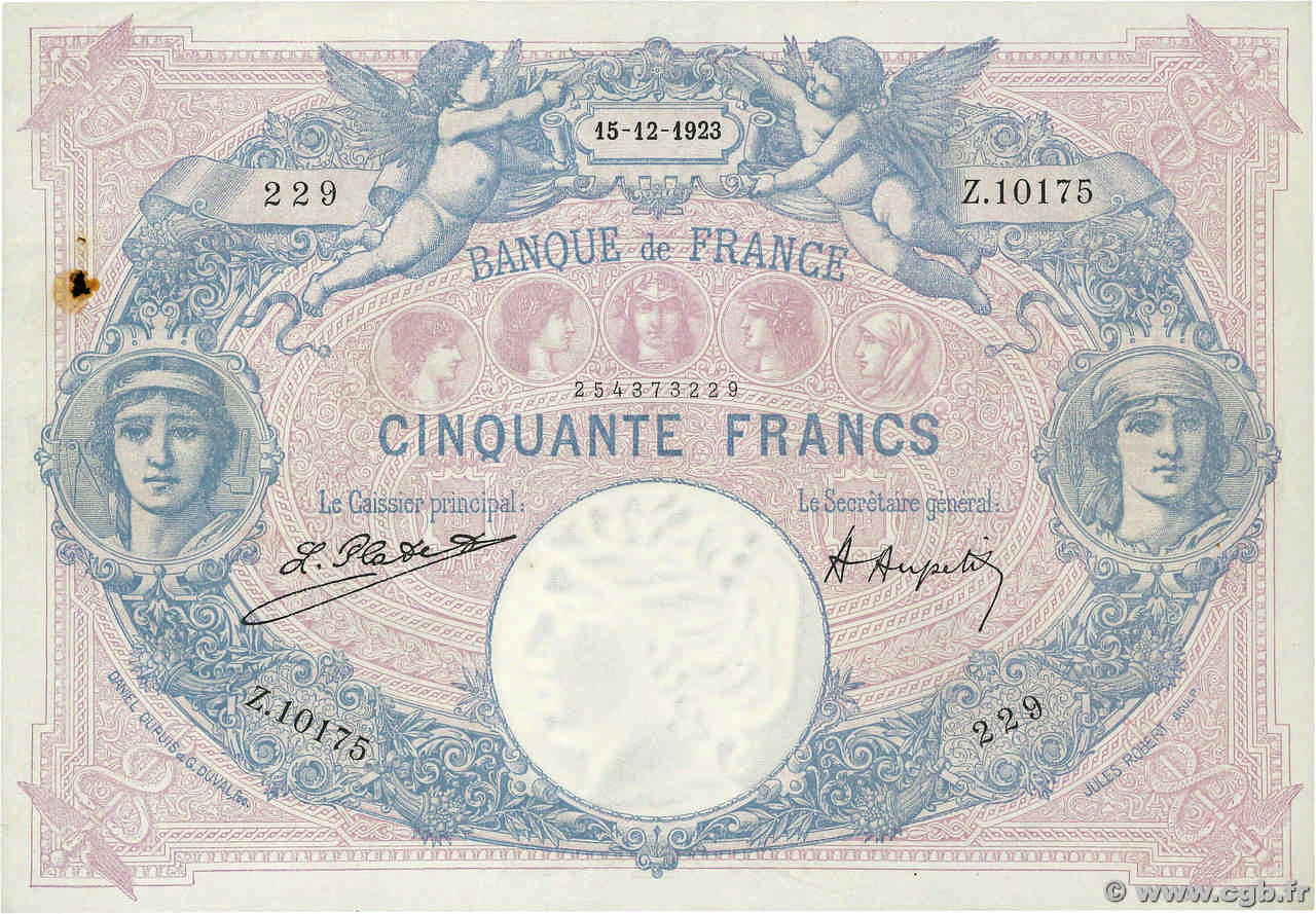 50 Francs BLEU ET ROSE FRANCE  1923 F.14.36 VF+