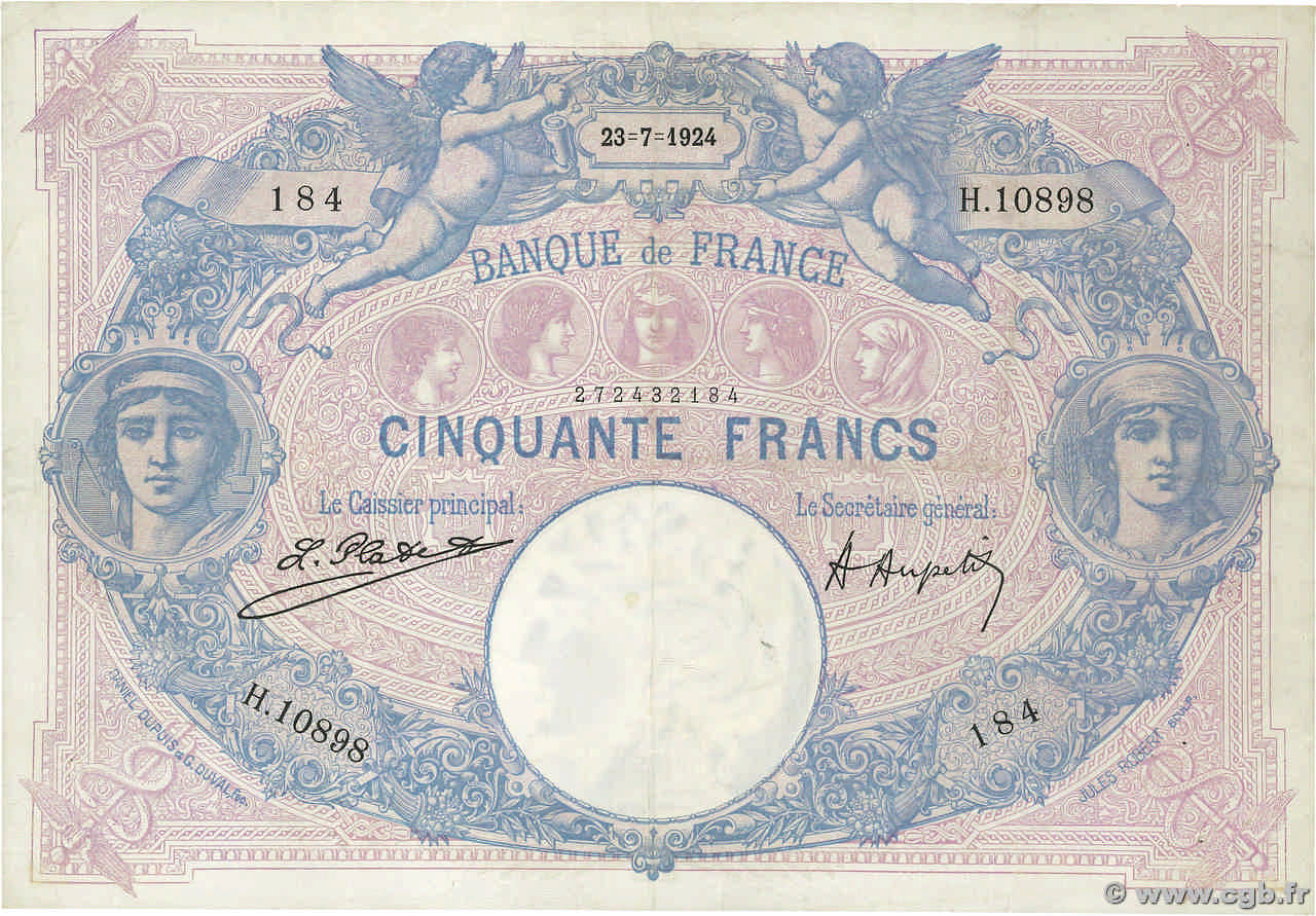 50 Francs BLEU ET ROSE FRANKREICH  1924 F.14.37 fVZ