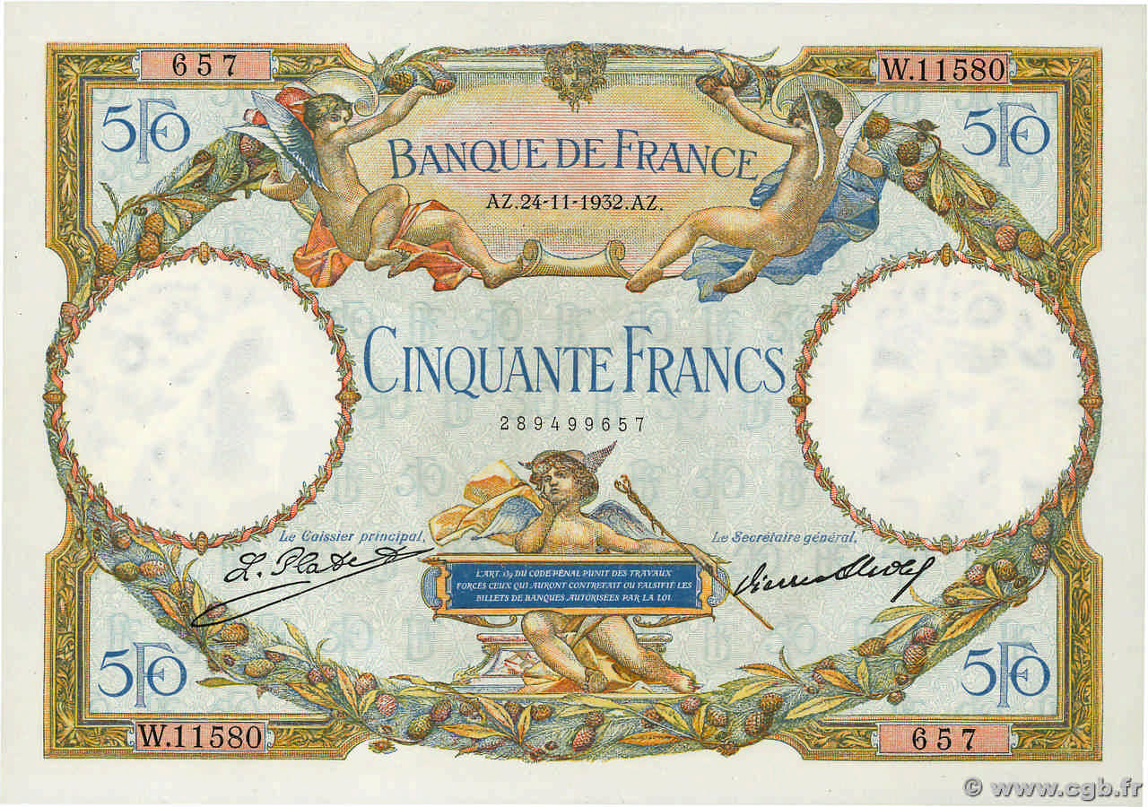 50 Francs LUC OLIVIER MERSON type modifié FRANKREICH  1932 F.16.03 fST