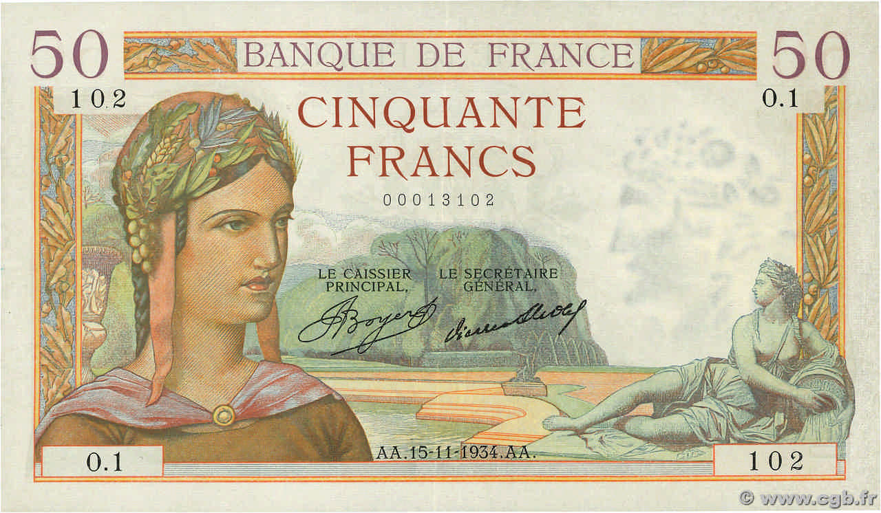 50 Francs CÉRÈS Petit numéro FRANCE  1934 F.17.01 SUP