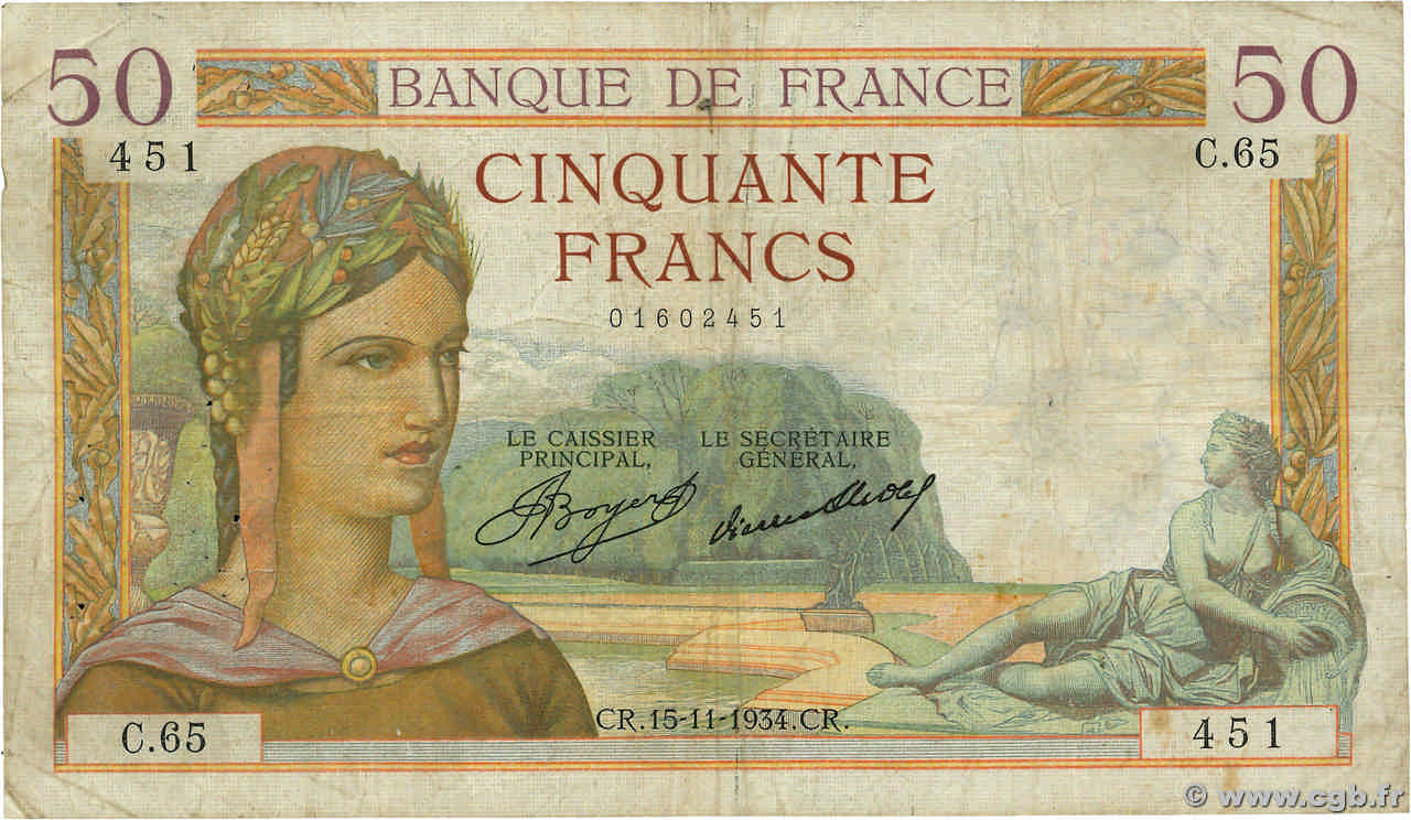 50 Francs CÉRÈS FRANKREICH  1934 F.17.01 fS