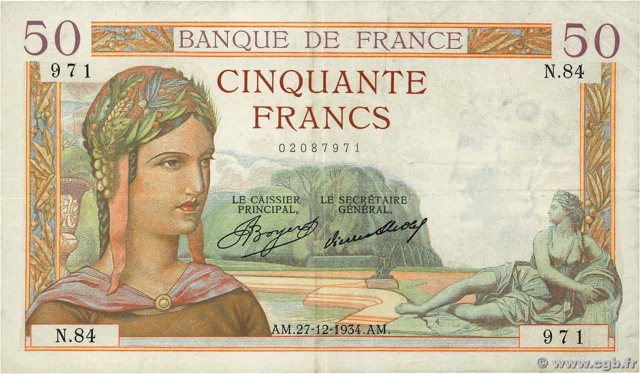 50 Francs CÉRÈS FRANCIA  1934 F.17.02 q.SPL